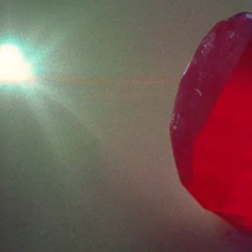 Prompt: a deep red, glowing crystal on a rock, 8 mm film footage