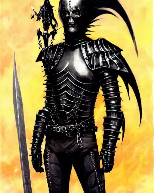 Prompt: portrait of a skinny goth punk keany reeves wearing armor by simon bisley, john blance, frank frazetta, fantasy, chrome thief warrior