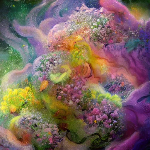 Prompt: This illustration is a large canvas, covered in a wash of color. In the center is a cluster of flowers, their petals curling and twisting in on themselves. The effect is ethereal and dreamlike, and the overall effect is one of serenity and peace. taupe, Pixar's 'Up' by Jeremy Mann, by Jeff Easley atmospheric, CGI