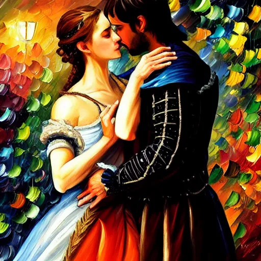 Image similar to highly detailed painting of shakespeare's romeo and juliet, last scene. intricate, high quality oil painting artstyle, in the style of leonid afremov, deviantart, figurative art, deviantart, ilya kuvshinov, lovecraftian, very detailed face, portrait