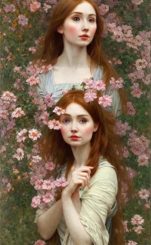 Image similar to a realistic oil painting of a girl resembling karen gillan, covered in flowers, highly detailed, intricate, detailed background, artstation, by mucha, by william adolphe bouguereau, by waterhouse