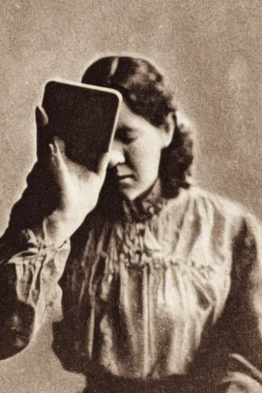 Prompt: 1 9 0 0 s photo of a person looking at an iphone photo grain double exposure masterpiece