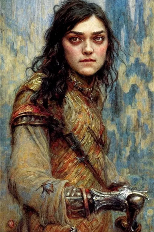 Image similar to portrait of arya stark. art by gaston bussiere.