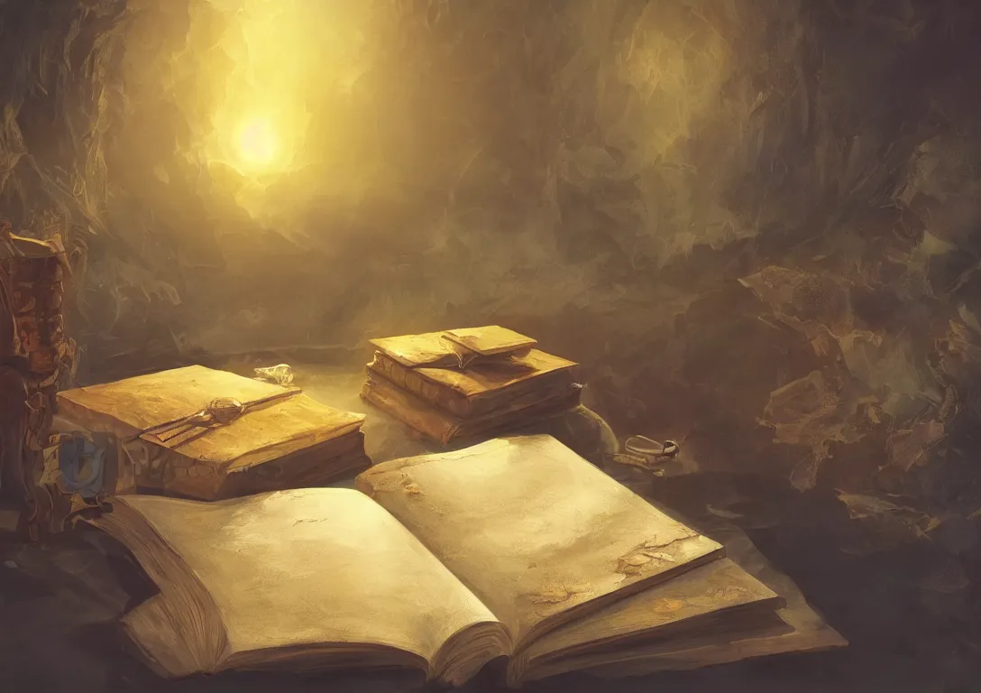 Image similar to a painting of a lone magical book laying open on a desk, fantasy concept art, golden hour, cinematic lighting, highly detailed
