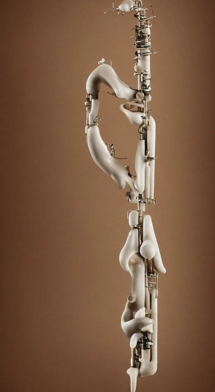 Prompt: a wind instrument with ceramic pipes shaped like a human larynx, in the style of a medical diagram, 90’s photography , 8k,