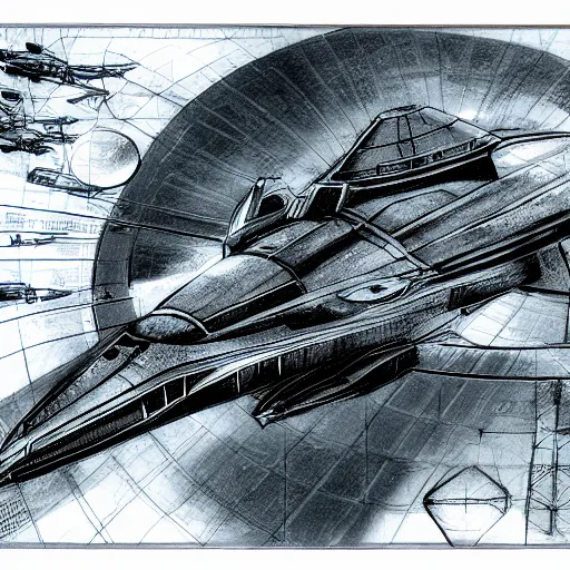 Image similar to high tech sci fi spaceship concept art blueprint drawings