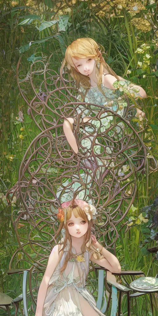 Prompt: a digital art of a loli with long hair in a dress sitting on a metal garden chair in the privet garden at afternoon, green and warm theme, back lighting, by mucha and akihito yoshida and greg rutkowski and makoto shinkai, extremely long shot, detailed eyes, 4 k resolution, trending on art station