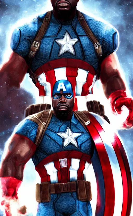 Prompt: kevin hart as captain america, dynamic lighting, photorealistic fantasy concept art, trending on art station, stunning visuals, creative, cinematic, ultra detailed