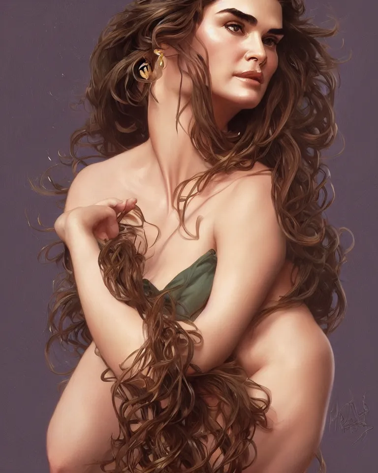 Image similar to portrait of a young brooke shields, upper half body, seductive eyes, long hair, joyful smirk, intricate, elegant, highly detailed, digital painting, artstation, concept art, matte, sharp focus, illustration, art by artgerm and greg rutkowski and alphonse mucha