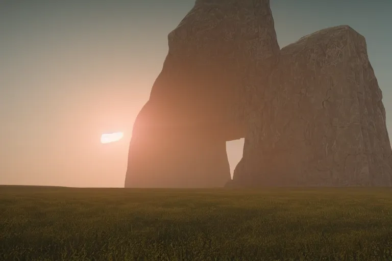 Prompt: a cinematic photograph of a enormous monolith in the middle of a vast serene landscape, rivers and fields run through the landscape and the sun rises over the hilltops, hyper realistic, unreal engine 5, by beeple