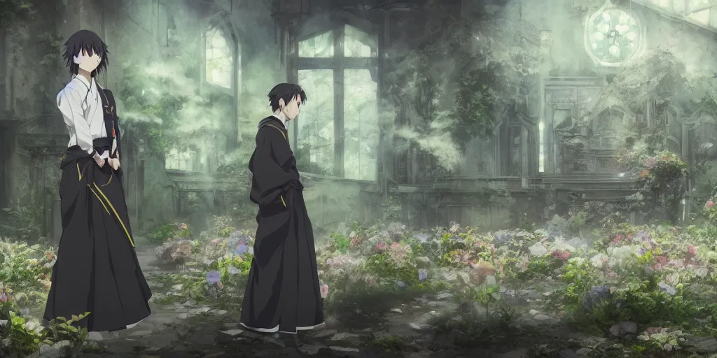 Image similar to anime kyoto animation key by greg rutkowski, perfectly detailed android hakama techwear in abandoned chapel with overgrown flowers and plants