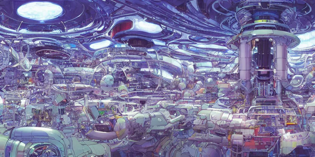 Prompt: goa psytrance spaceship factory, art by makoto shinkai and alan bean, yukito kishiro