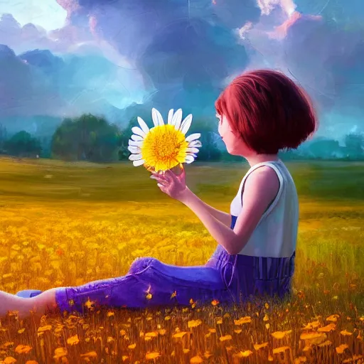 Image similar to giant daisy flower as head, girl sitting in a flower field, surreal photography, sunrise, dramatic light, impressionist painting, colorful clouds, digital painting, artstation, simon stalenhag