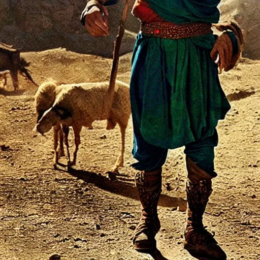 Image similar to Kurdish shepherd wearing Kurdish clothes in a movie directed by Christopher Nolan, movie still frame, promotional image, imax 70 mm footage