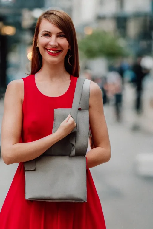 Image similar to blurry close up photo portrait of a smiling pretty woman in a red sleeveless dress, out of focus, street scene