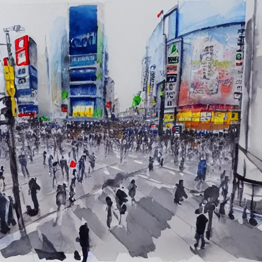 Image similar to shibuya crossing, water color painting