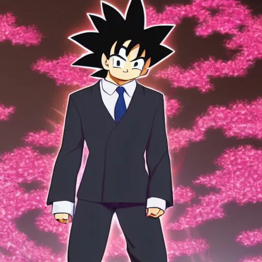 Prompt: highly detailed photo of goku wearing black tuxedo standing in front of sakura trees, anime concept art, symmetrical face, smiling, clear nose, highly detailed, 8 k