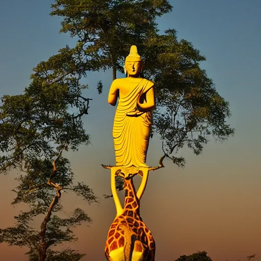 Image similar to the buddha riding on a giraffe into the sunset