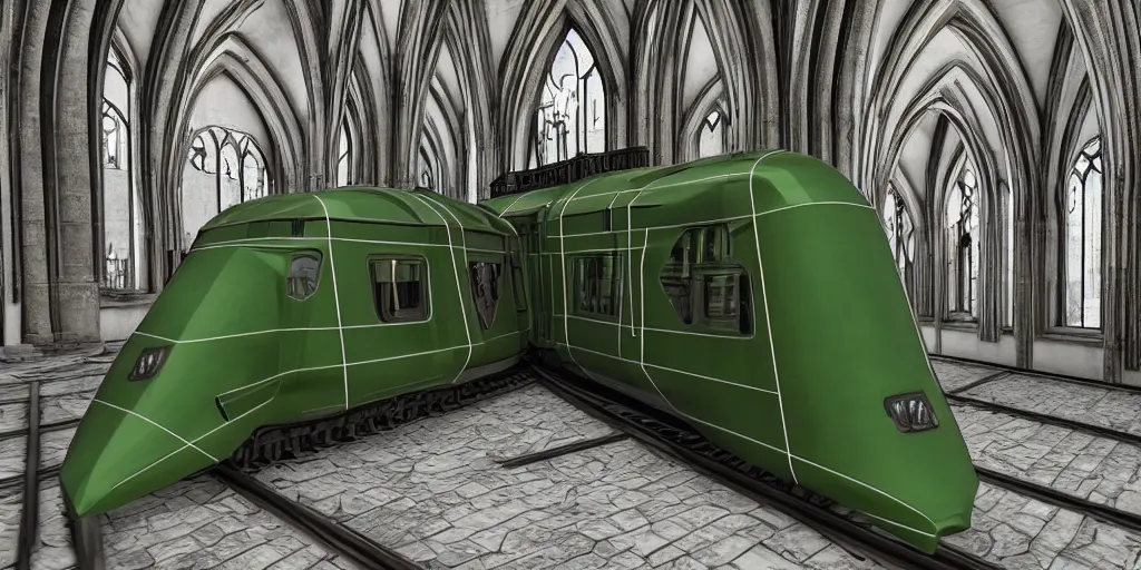 Prompt: streamline train that looks like gothic cathedral church, warhammer emperium style, gothic locomotive, conic locomotive shaped, arrow locomotive shape, armored streamline train,gothic shape patterns locomotive, train with gothic rose windows and arcades elements , hybrid between gothic and streamline style, gothic steel pattern train wheels, art Deco, retro, locomotive streamline lantern light green, octane render, diselpunk, steampunk