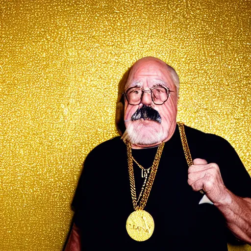 Image similar to dslr portrait photo still of wilfred brimley as a gangsta rapper with gold chains and gold teeth grills, 8 k, 8 5 mm f 1. 8