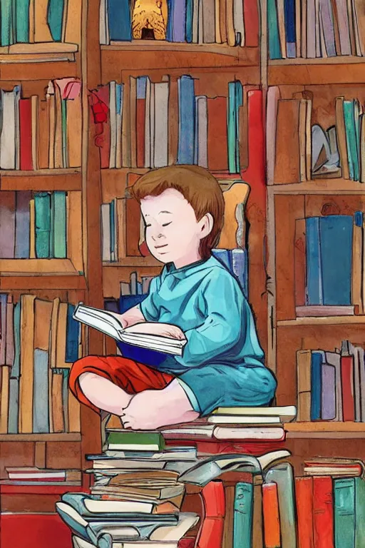 Image similar to a little boy with red hair sits cross legged on top of a tall pile of books. he is reading. clean elegant pretty cartoon painting, beautiful detailed face, storybook illustration.