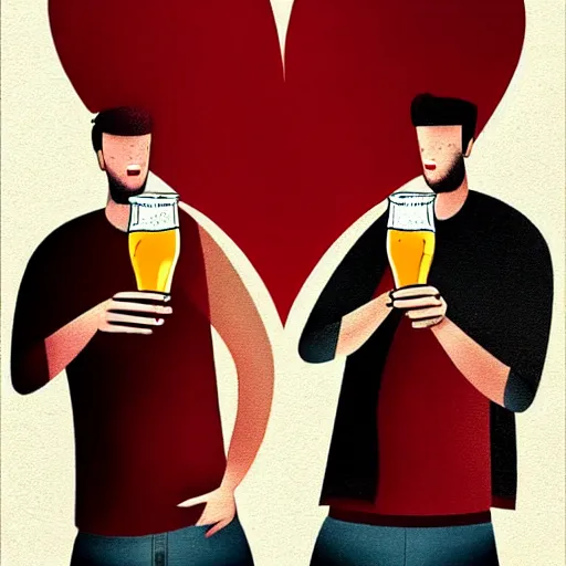 Image similar to two beautiful chad men drinking beer (red hearts), friendship, love, sadness, dark ambiance, concept by Godfrey Blow, featured on deviantart, drawing, sots art, lyco art, artwork, photoillustration, poster art