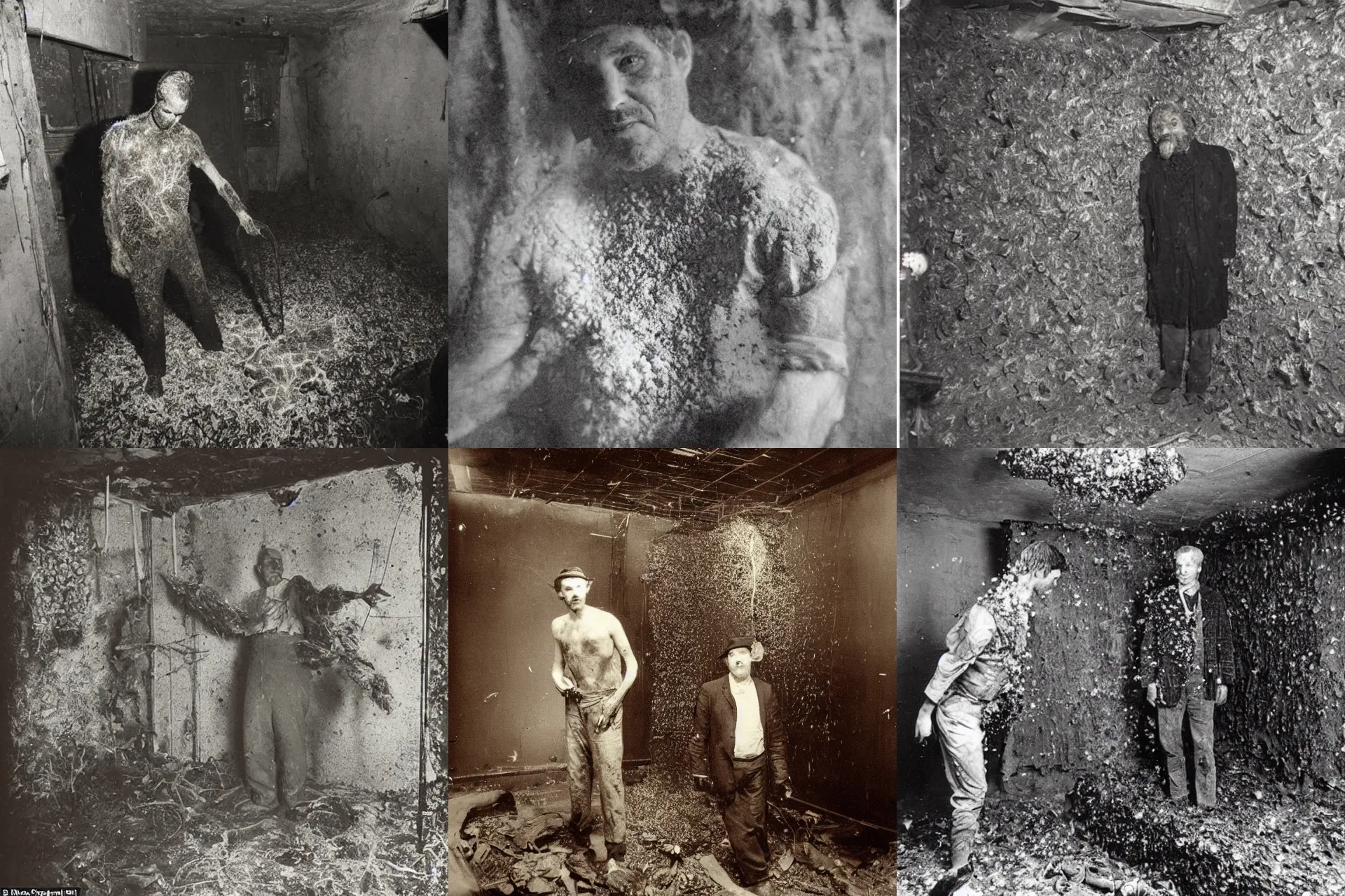 Prompt: a vintage photograph a man covered with mycelium in a decrepit basement
