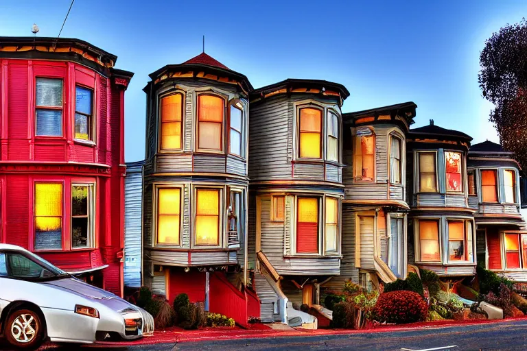 Prompt: typical San Francisco houses, award winning photograph, high exposure, golden hour, 15-30mm, panorama, autumn, car lights, photorealistic, 70's cars, 70's filter, shadows