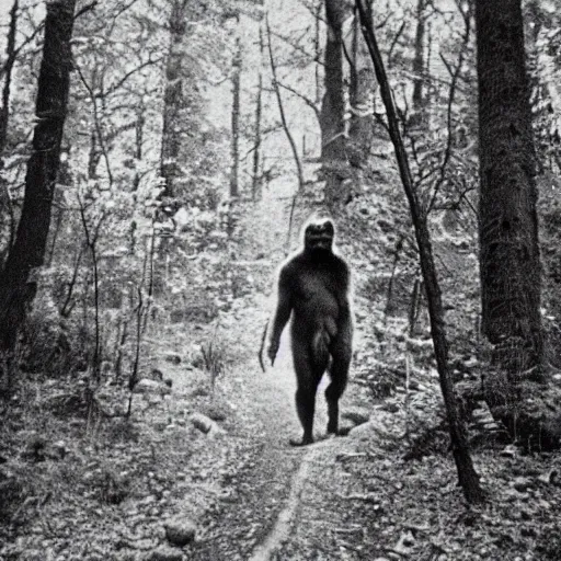 Image similar to vintage photography of a sasquatch in the woods