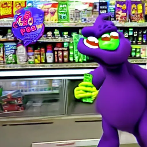 Prompt: security cam footage of barney the dinosaur robbing a convenience store