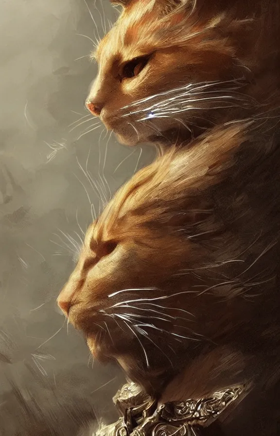 Prompt: an concept art of the cat king, ginger hair, one eye, intricate details, detailed face, detailed armour, artstation, epic pose, ambient light, by rembrandt