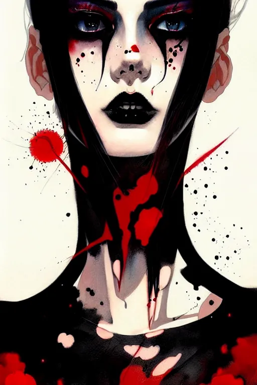 Image similar to a ultradetailed beautiful painting of a stylish goth girl, black eyes, red and black tattoos, by conrad roset, greg rutkowski and makoto shinkai, jon foster, trending on artstation