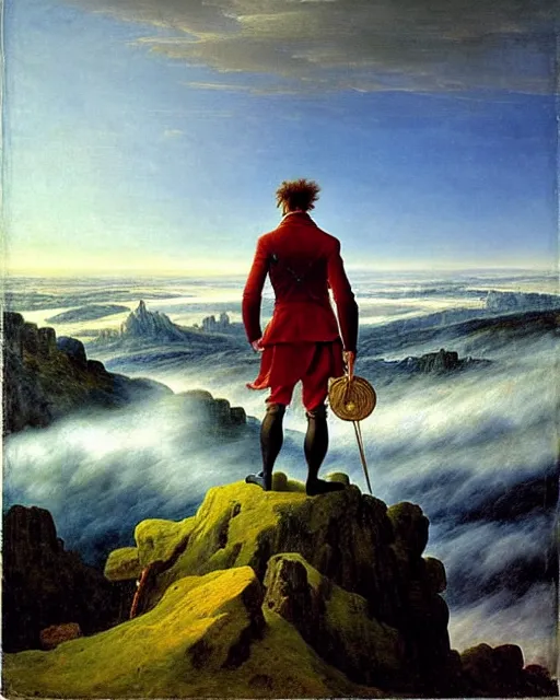 Prompt: the wanderer above the sea of clouds, by caspar david friedrich, 1 8 1 8, oil on canvas, 7 4. 8 x 9 4. 8, hamburg kunstalle, german romanticism