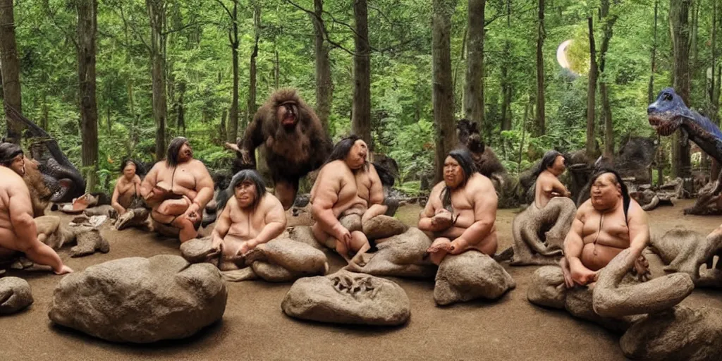 Image similar to photo, neanderthal people, sumo japanese, eating inside mcdonalds, surrounded by dinosaurs!, gigantic forest trees, sitting on rocks, bright moon