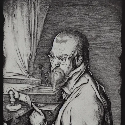 Image similar to Portrait Hank Hill Vampire Plumber anato finnstark jacques callot albrecht durer john flaxman gustav dore engraved ink stamp aquatint etching intaglio 4k artstation wikiart wikipedia