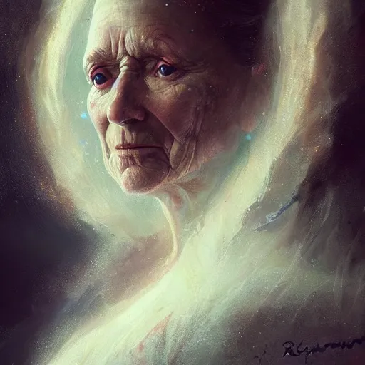 Image similar to a beautiful portrait of an old ancient elderly wind goddess by Greg Rutkowski and Raymond Swanland, Trending on Artstation, ultra realistic digital art