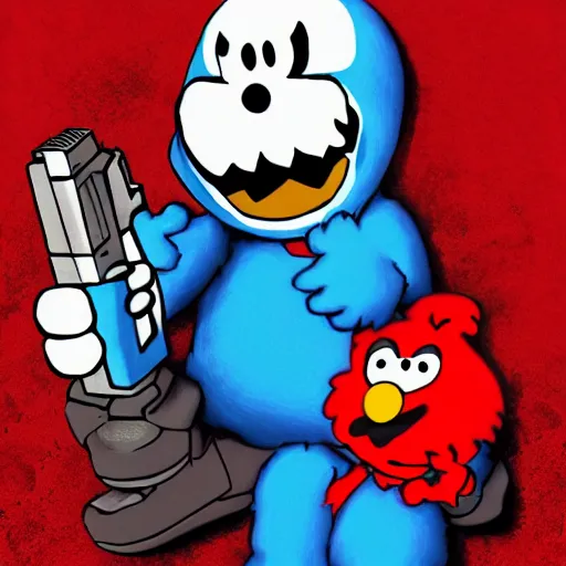 Image similar to sans from undertale fighting elmo, elmo holds a gun