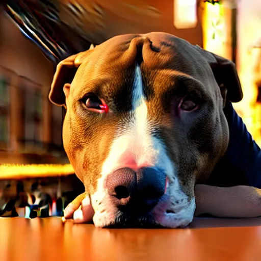 Image similar to pitbull dog drinks whiskey, real life, realistic, detailed, 4 k,