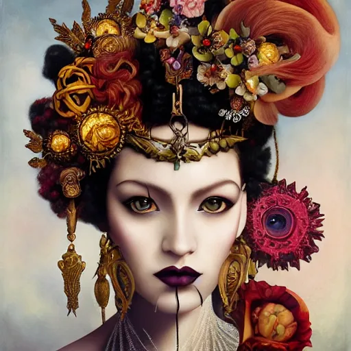 Image similar to dynamic composition, a painting of a woman with hair of flowers and raven plummage wearing ornate earrings, a surrealist painting by tom bagshaw and jacek yerga and tamara de lempicka and jesse king, featured on cgsociety, pop surrealism, surrealist, dramatic lighting, wiccan, pre - raphaelite, ornate gilded details