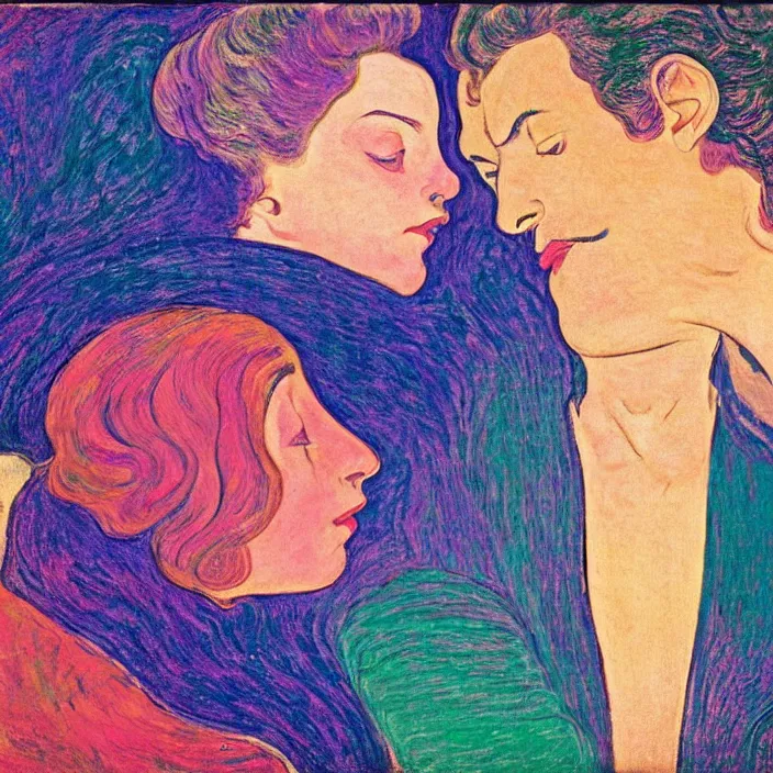 Image similar to close portrait of woman and man kissing. icy mountains far away. aurora borealis. iridescent, vivid psychedelic colors. painting by munch, agnes pelton, egon schiele, henri de toulouse - lautrec, utamaro, monet