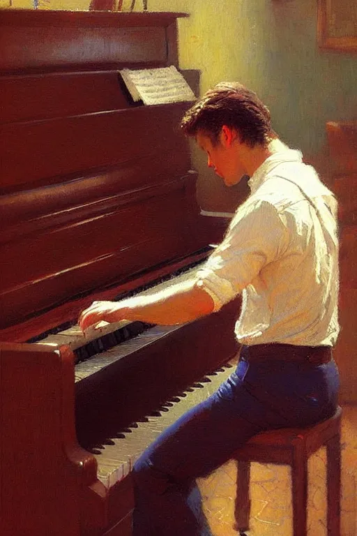 Prompt: attractive man playing piano, painting by gaston bussiere, craig mullins