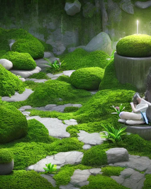 Image similar to hyper realistic render of a heavenly garden of peace, filled with trees, stone slab, flowers, moss, ferns, a girl meditating at a distance, trending on artstation, volumetric lighting, hyper realistic, hyper detailed, high quality render, blender guru