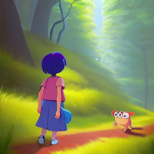 Image similar to goro fujita ilustration dora the explorer with blue clothes, walking through the forest, painting by goro fujita, sharp focus, highly detailed, artstation