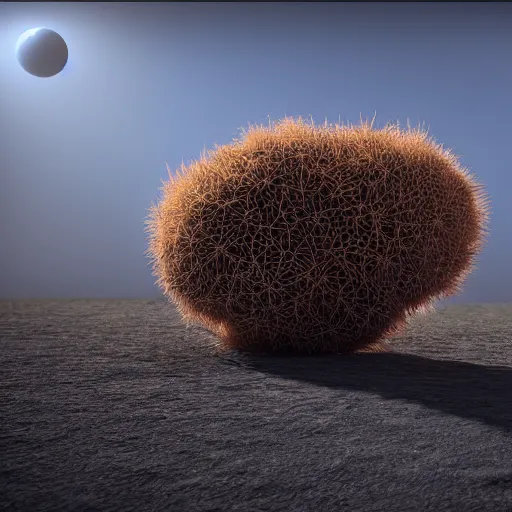 Image similar to a spaceship shaped like a tumbleweed, 3d render, photorealism, 8k, award winning , movie scene