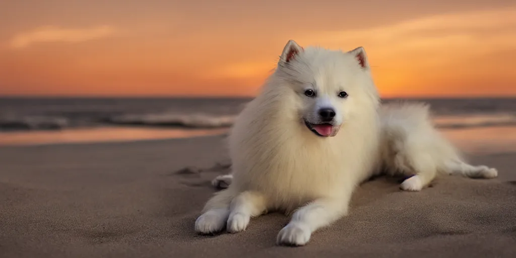 Prompt: a closeup photorealistic photograph of japanese spitz on the beach at sunset. this 4 k hd image is trending on artstation, featured on behance, well - rendered, extra crisp, features intricate detail and the style of unreal engine. golden hour