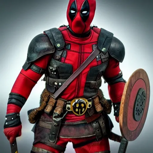 Prompt: a Viking Deadpool, detailed, realistic, dramatic