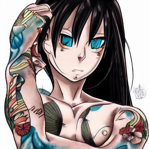 Prompt: muscular girl, tattooed body, HD, anime style,