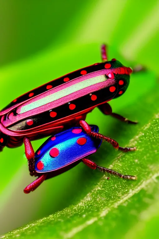 Prompt: high quality macro photo iridescent Red spotted jewel beetle! gorgeous highly detailed david ligare elson peter cinematic blue lighting high quality low angle hd 8k sharp shallow depth of field