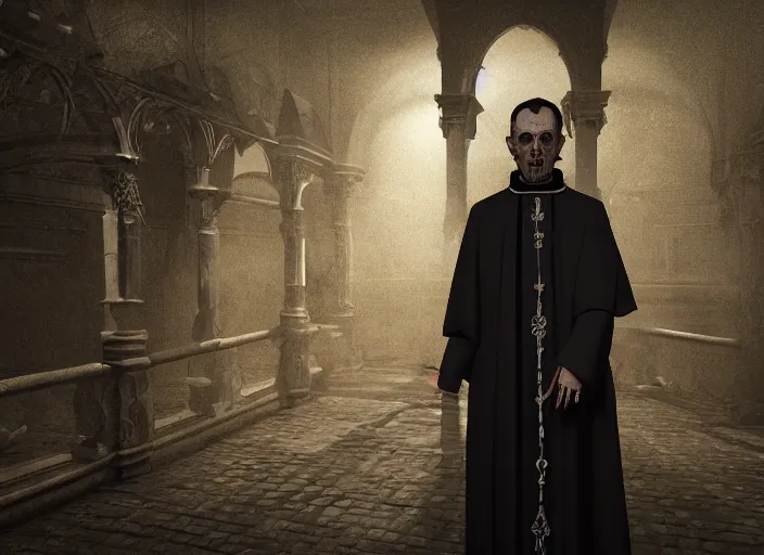 Image similar to a highly realistic and detailed full Priest standing in a dark dirty basement holding a rosary, wide angle 70mm lens, volumetric haze, front facing camera, symmetrical, photorealistic, insanely detailed and intricate, epic, hyper realistic, elegant, ornate, elite, horror, creepy, ominous, haunting, cinematic lighting, unreal engine, cinematic centered camera, high detail, no blur, unreal engine 8k