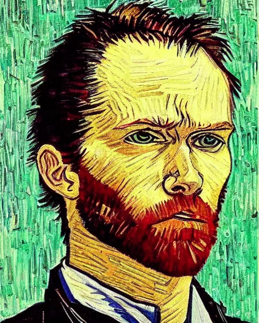 Prompt: The Matrix movie frame in the style of Van Gogh self portrait, face, detailed, sharp focus